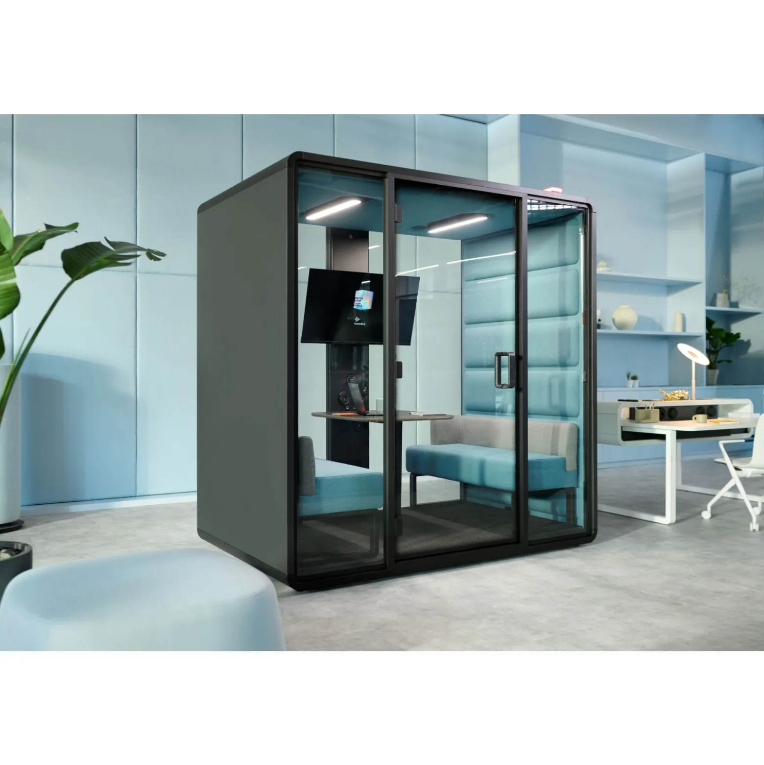 Hush Free M Collaboration Booth with Acoustic Glass Walls and 500 Lux Lighting