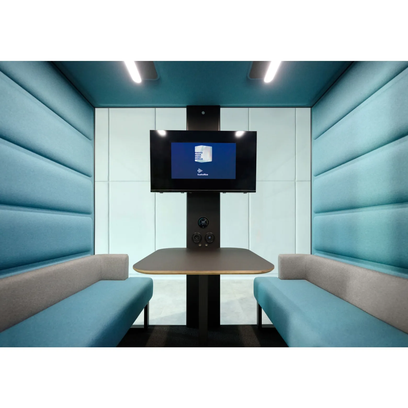 Hush Free M Collaboration Booth with Acoustic Glass Walls and 500 Lux Lighting