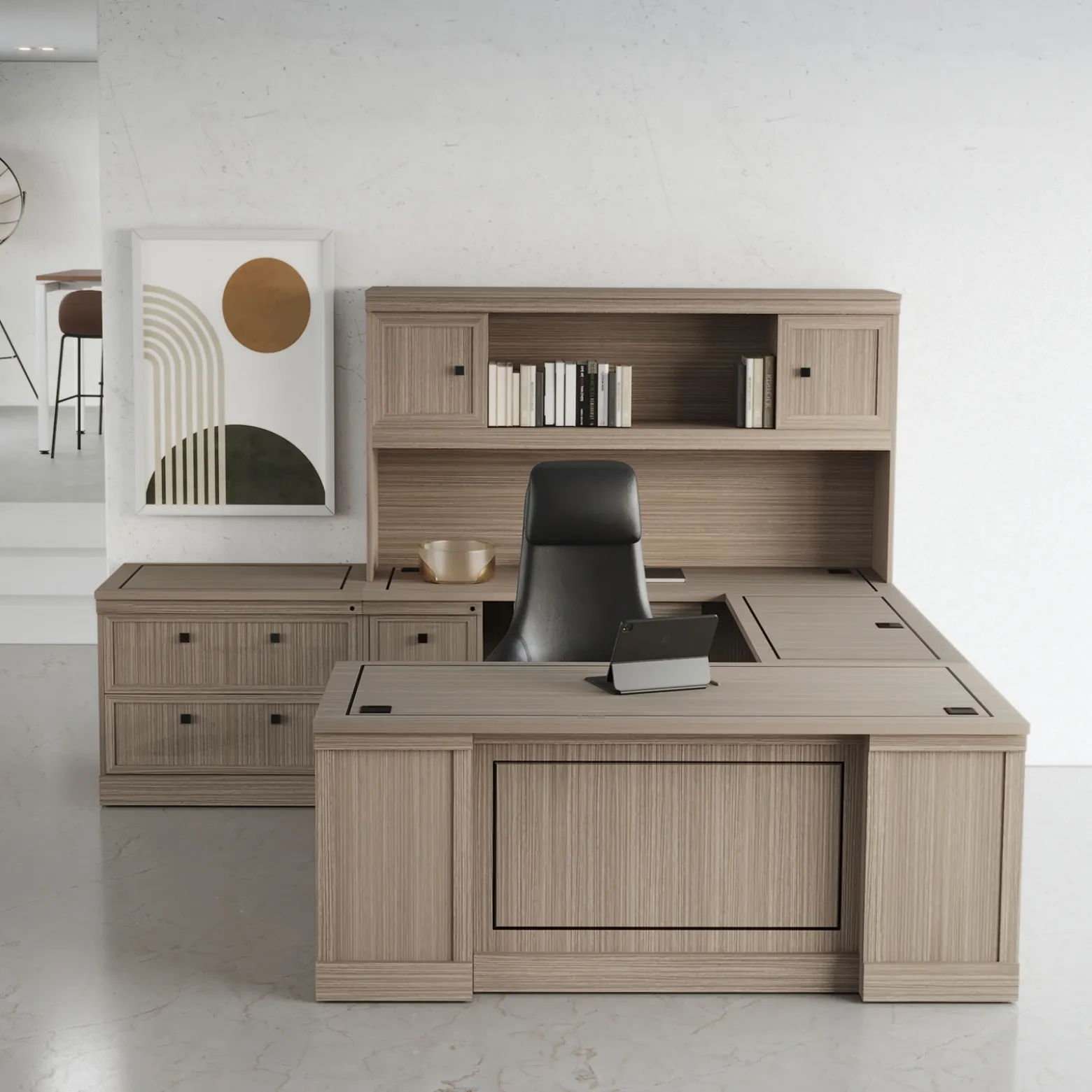 Lincoln U-Shaped Executive Desk with Left-Handed Bridge and Hutch - 66"W x 99"D