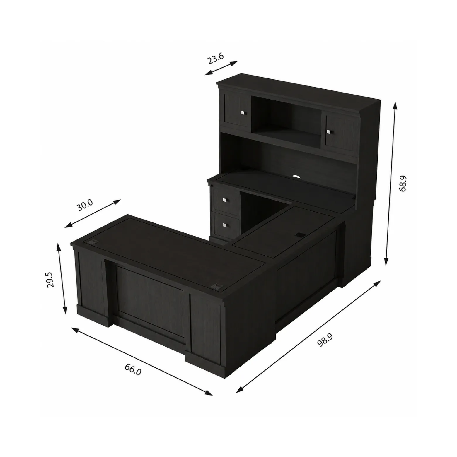 Lincoln U-Shaped Executive Desk with Left-Handed Bridge and Hutch - 66"W x 99"D