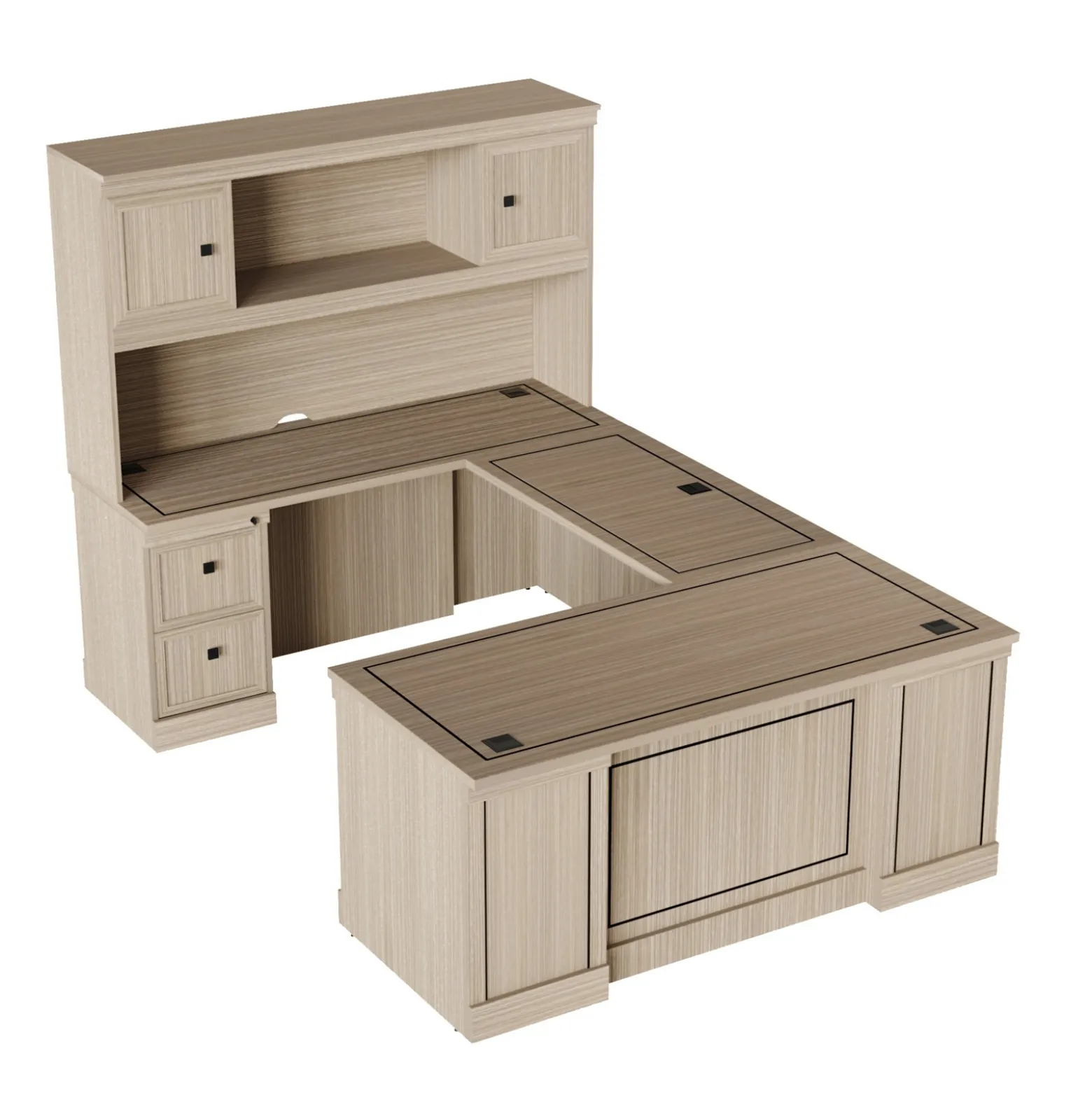 Lincoln U-Shaped Executive Desk with Left-Handed Bridge and Hutch - 66"W x 99"D