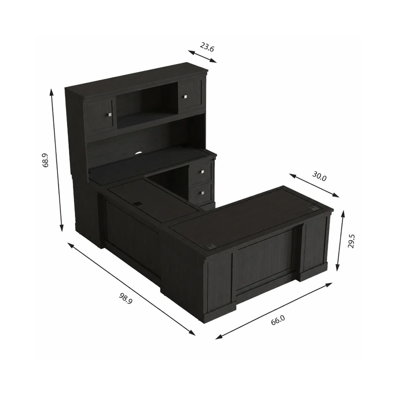 Lincoln U-Shaped Executive Desk with Right-Handed Bridge and Hutch - 66"W x 99"D