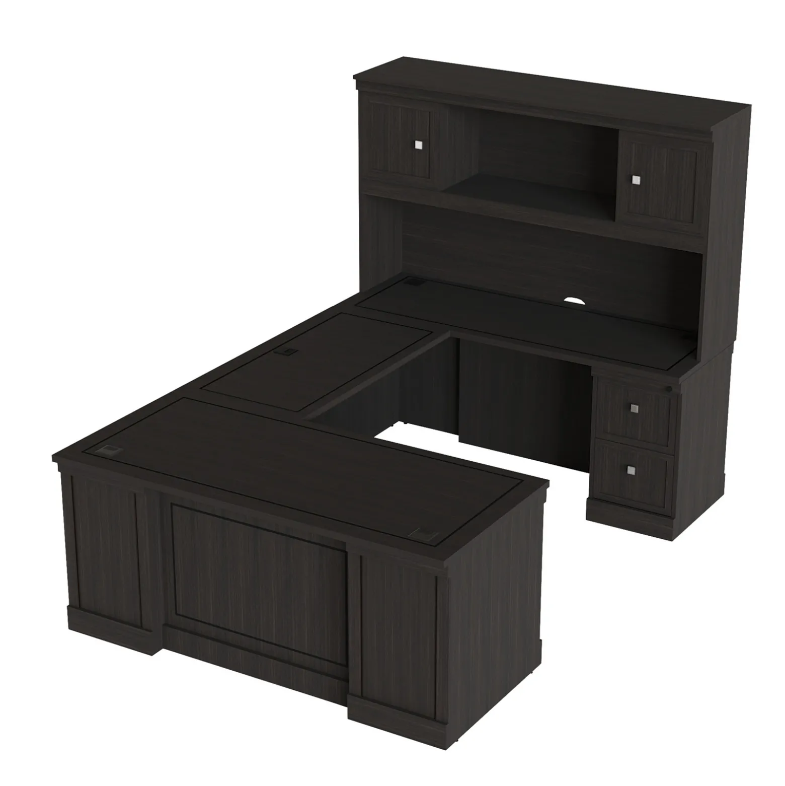 Lincoln U-Shaped Executive Desk with Right-Handed Bridge and Hutch - 66"W x 99"D
