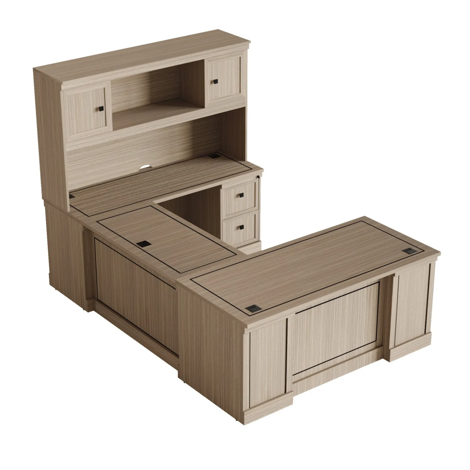 Lincoln U-Shaped Executive Desk with Right-Handed Bridge and Hutch - 66"W x 99"D