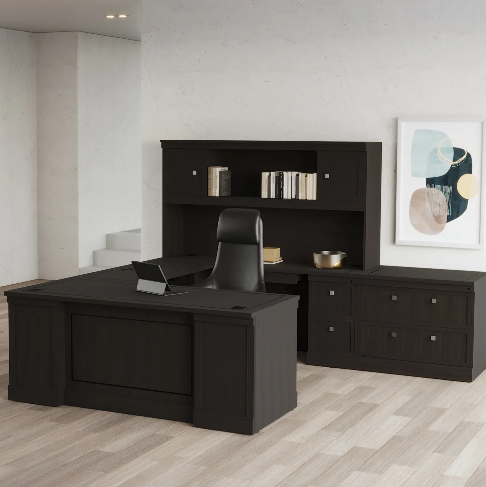 Lincoln U-Shaped Executive Desk with Right-Handed Bridge and Hutch - 72"W x 99"D