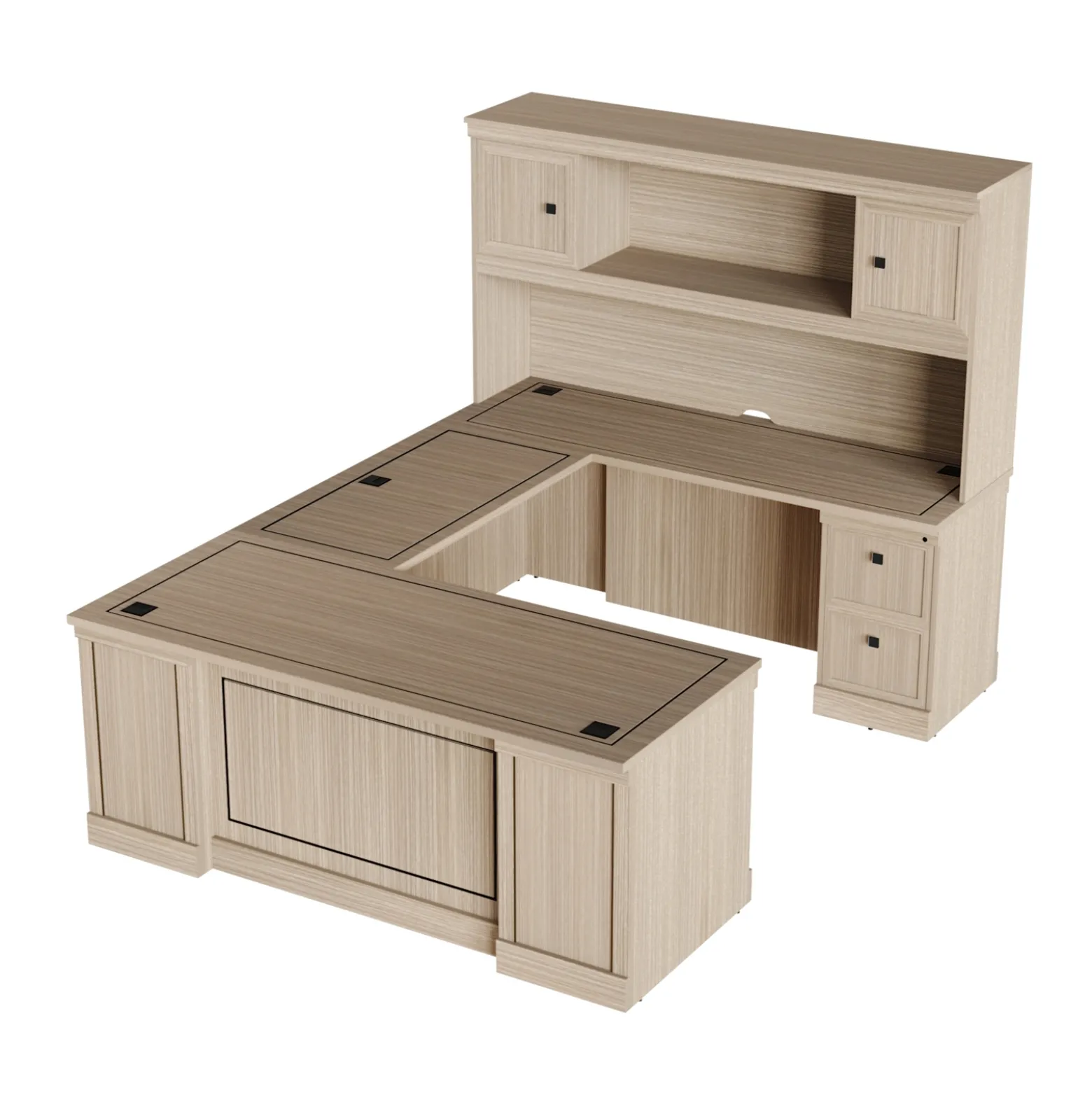 Lincoln U-Shaped Executive Desk with Right-Handed Bridge and Hutch - 72"W x 99"D