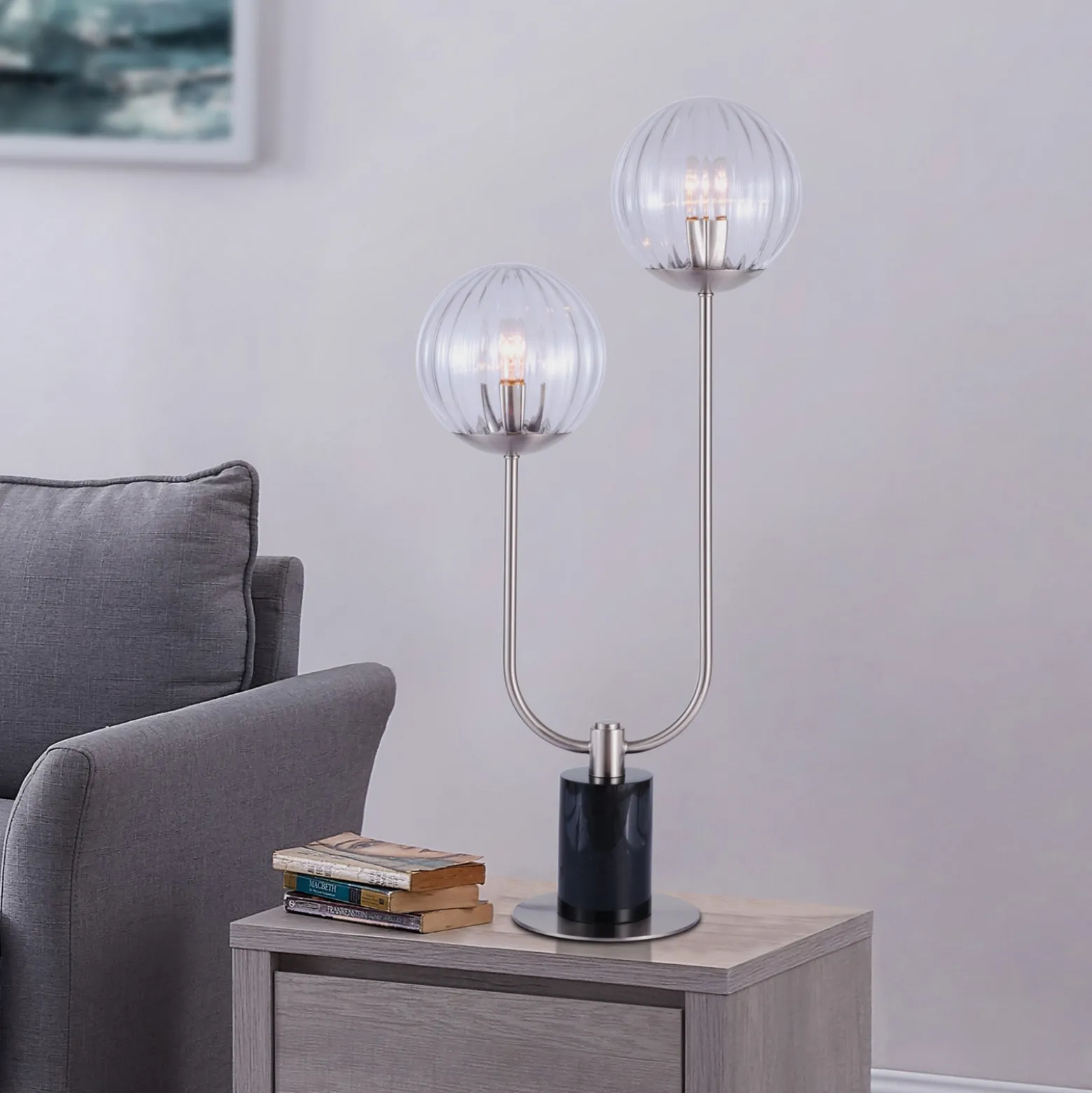 2-Lite Table Lamp, Ribbed Dome Shades - 30"H