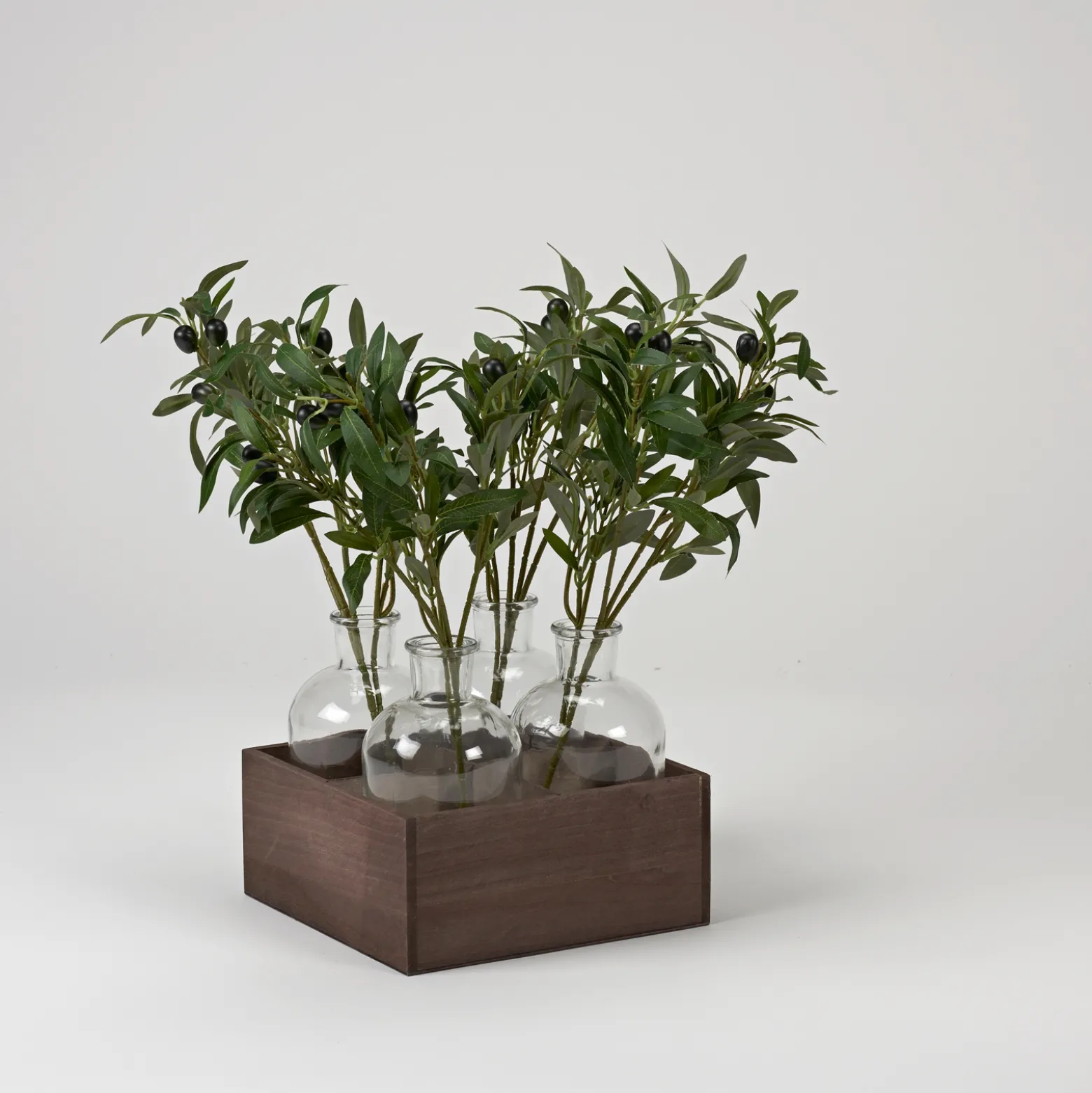 Olive Branches in Glass Bottles in Wood Crate