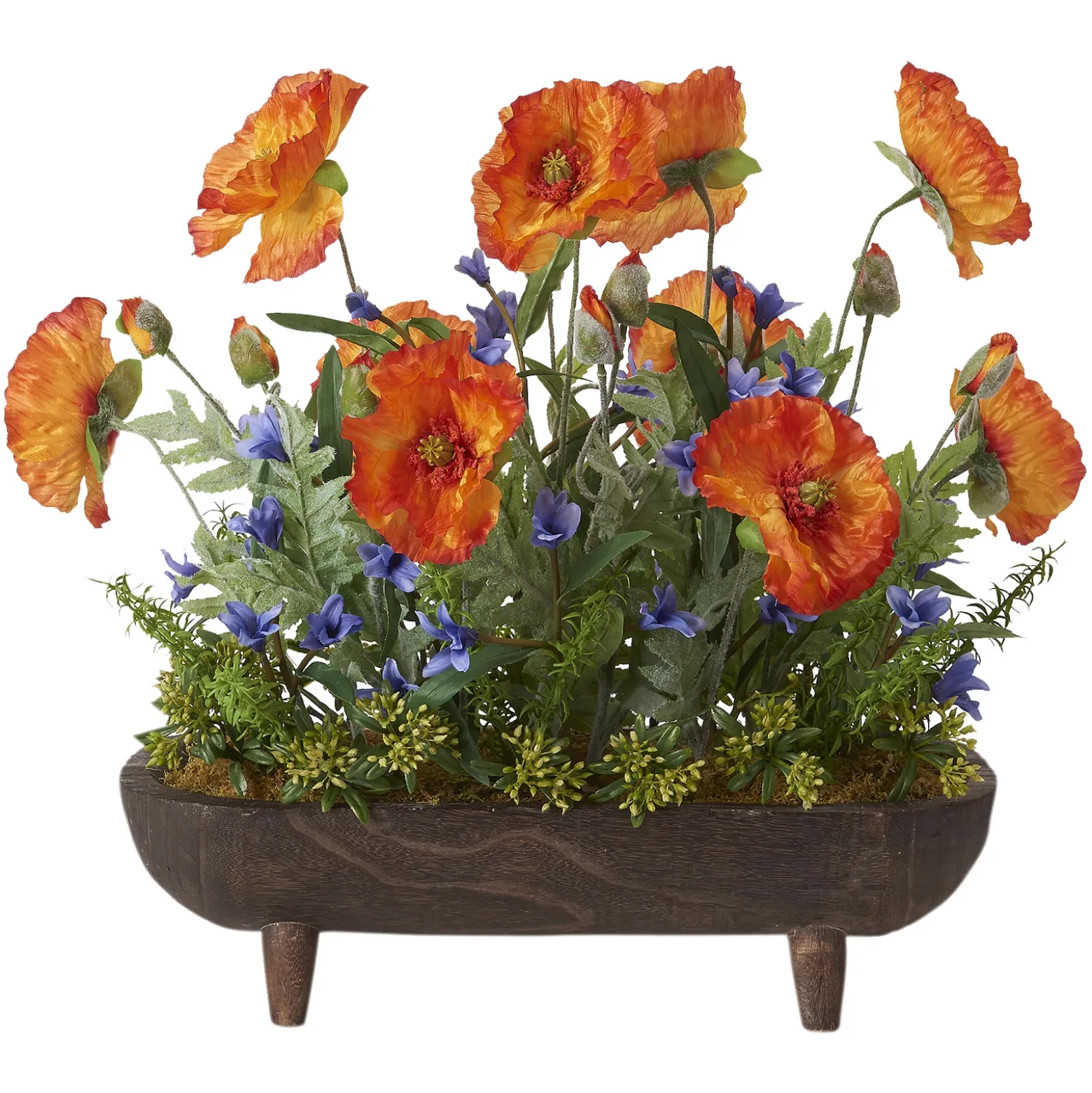 Orange Poppies and Blue Wild Flowers in Oblong Wooden Planter with Legs