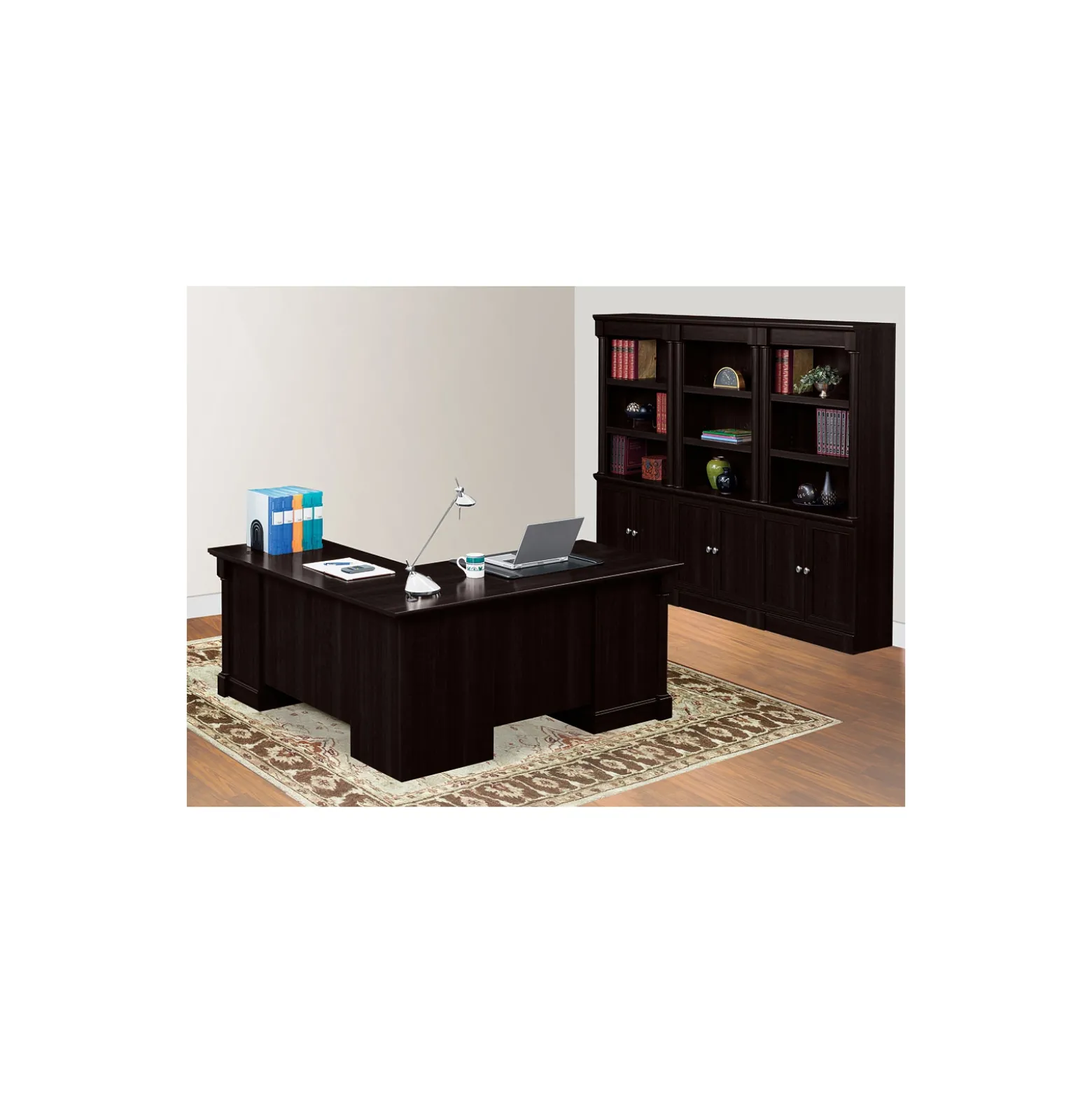 Palladia L-Shaped Desk with Bookcase Wall
