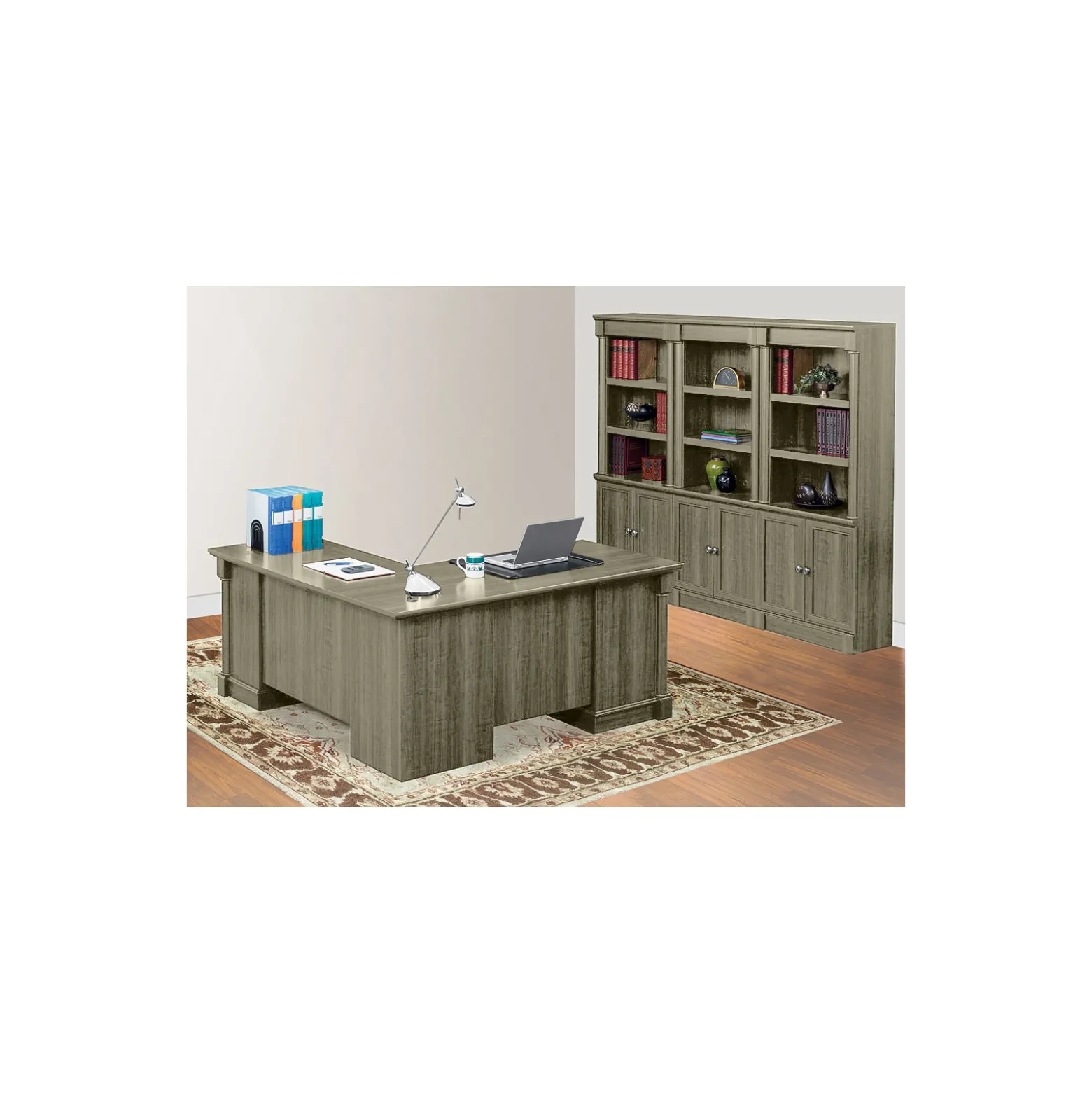 Palladia L-Shaped Desk with Bookcase Wall