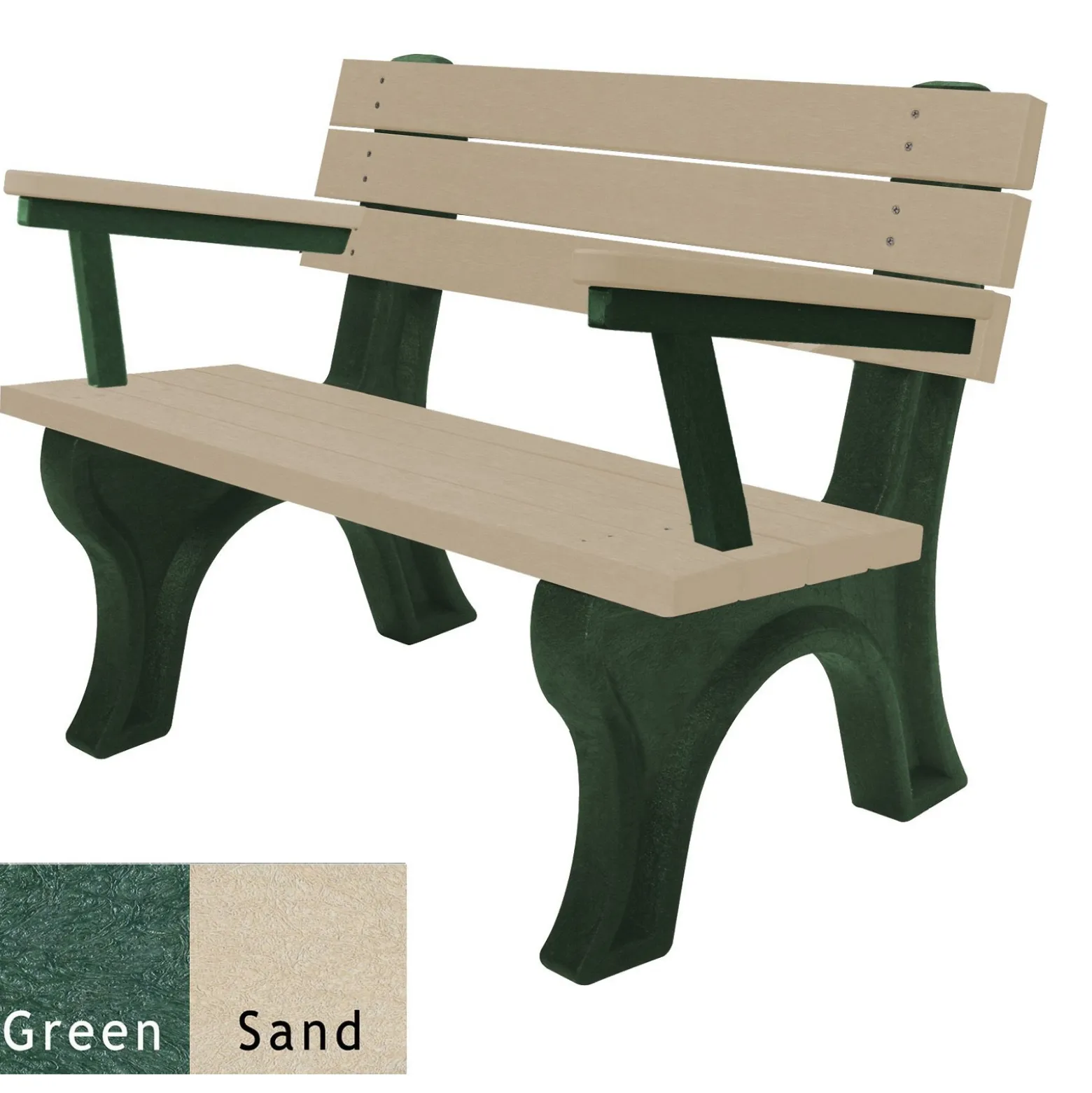 Recycled Plastic Outdoor Flat Bench with Arms - 4 Ft