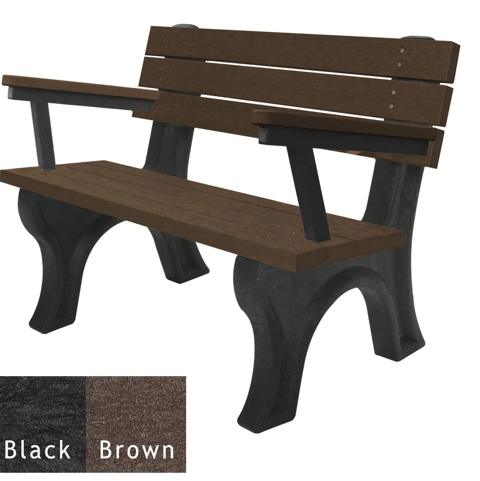 Recycled Plastic Outdoor Flat Bench with Arms - 4 Ft