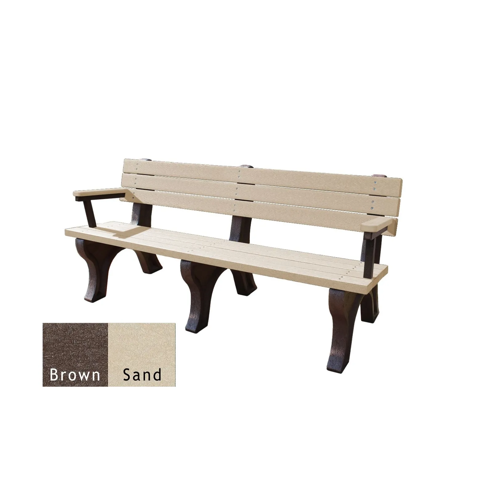 Recycled Plastic Outdoor Flat Bench with Arms - 6 Ft