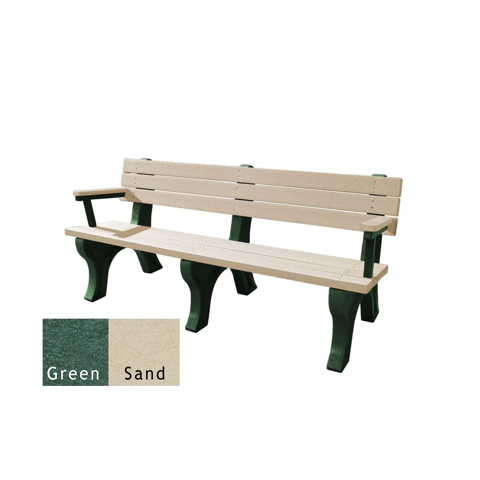 Recycled Plastic Outdoor Flat Bench with Arms - 6 Ft