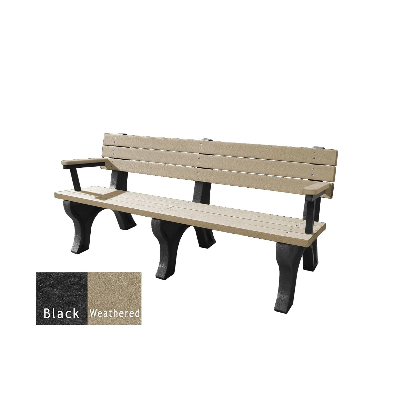Recycled Plastic Outdoor Flat Bench with Arms - 6 Ft
