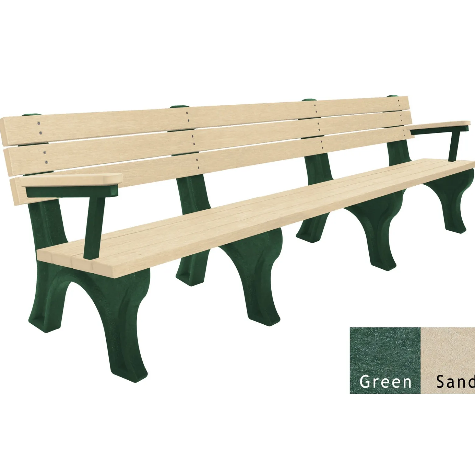 Recycled Plastic Outdoor Flat Bench with Arms - 8 Ft