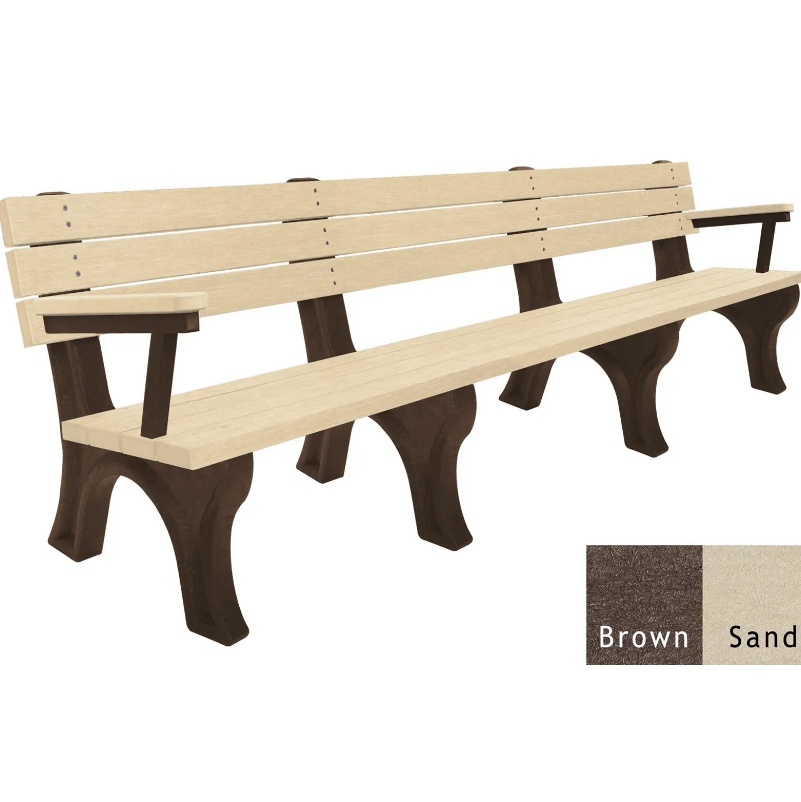 Recycled Plastic Outdoor Flat Bench with Arms - 8 Ft
