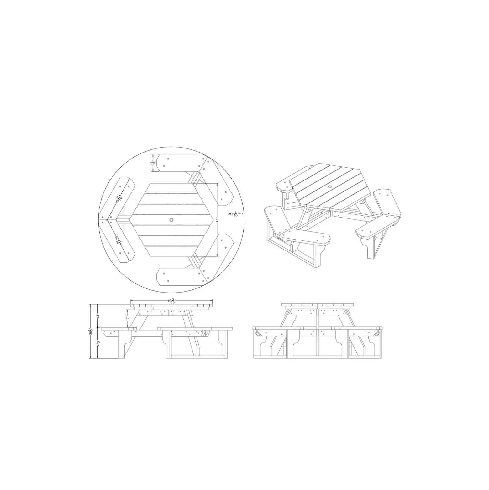 Recycled Plastic Standard Open Hexagonal Picnic Table