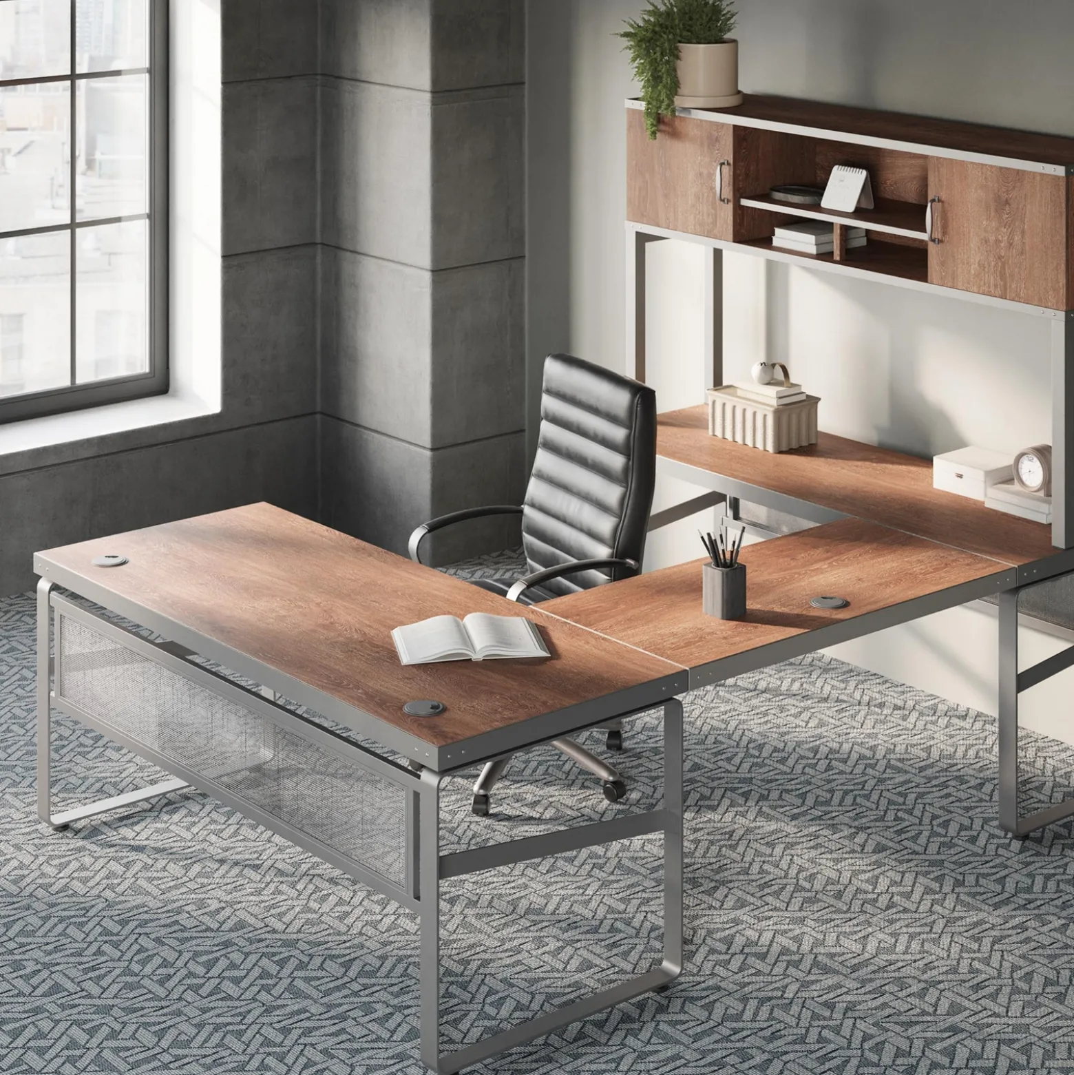 Rivet 59" U-Shaped Desk with Hutch Set