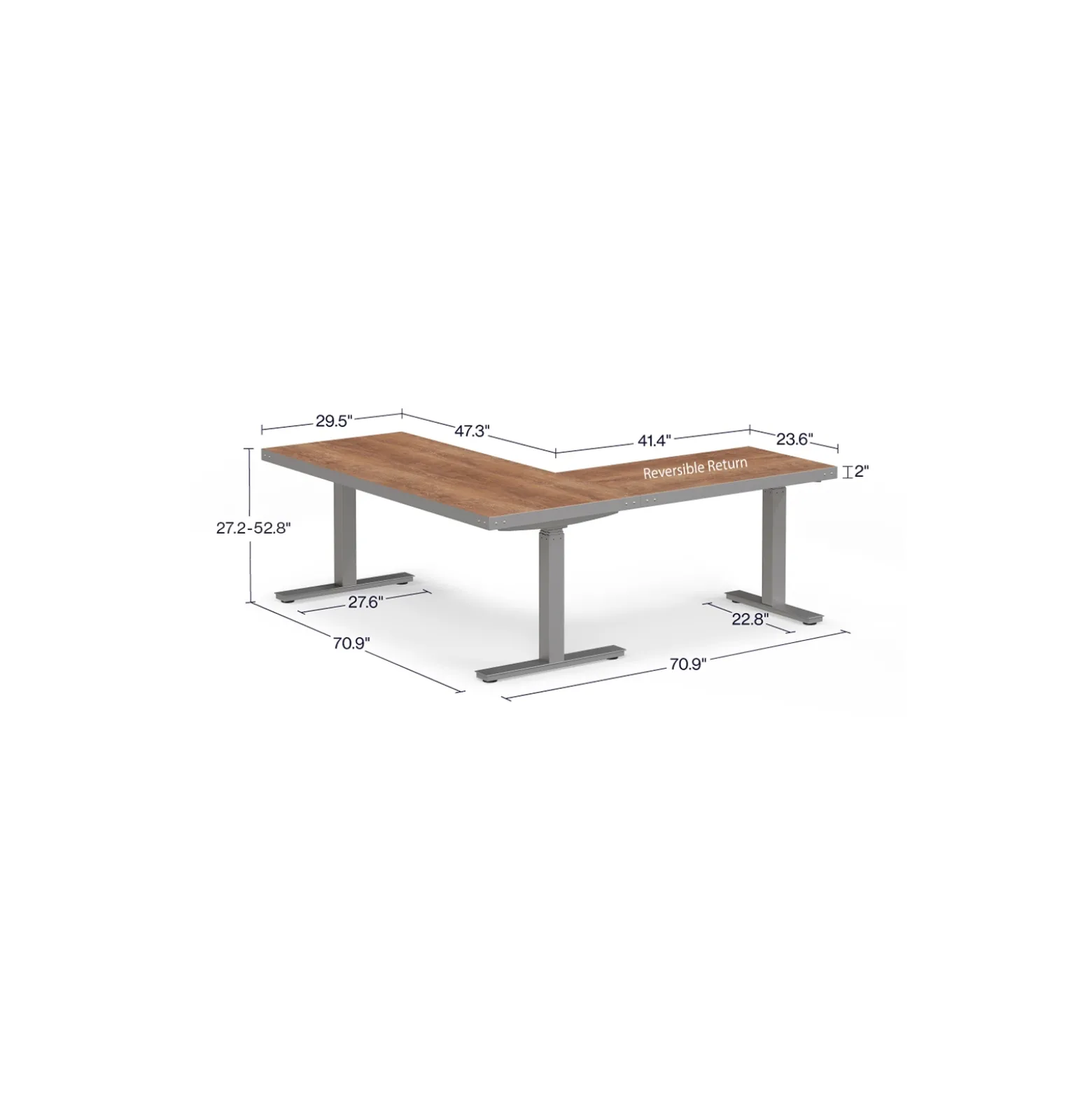 Rivet Reversible Height Adjustable L-Shaped Standing Desk - 72”Wx72”D