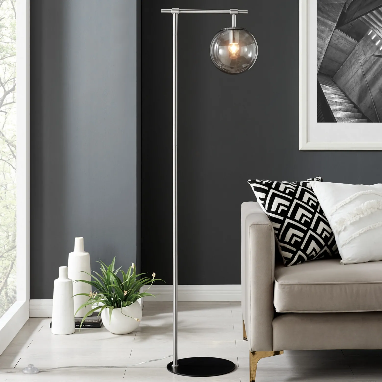 Round Smoke/Frost Glass Shade Floor Lamp - 58"H