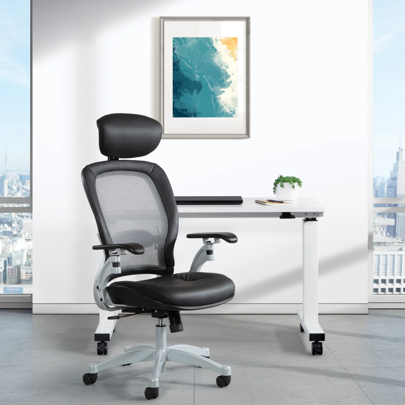 Space Mesh High-Back Ergonomic Chair with Leather Seat