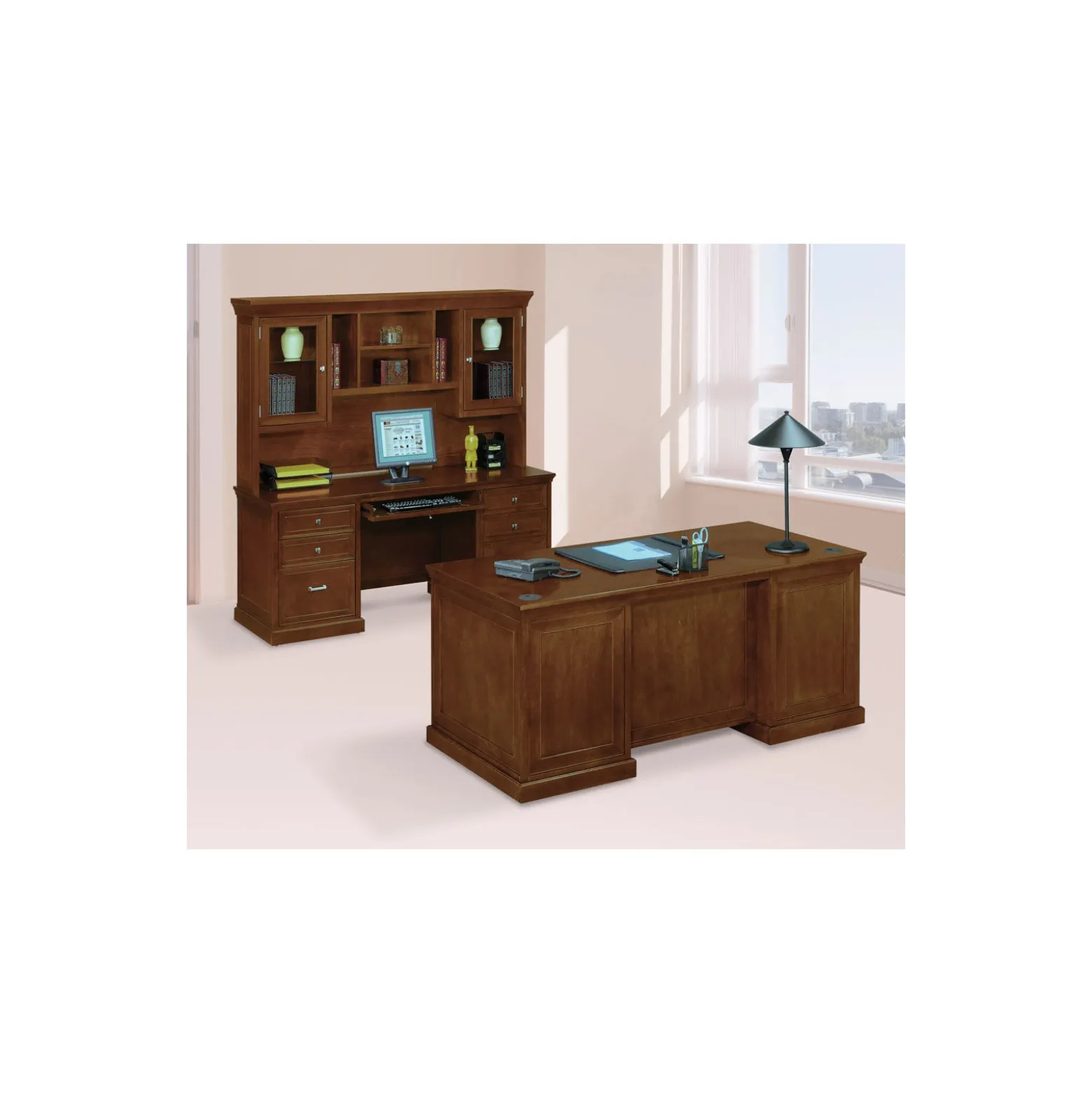 Statesman Executive Desk w/ Hutch and Credenza Set