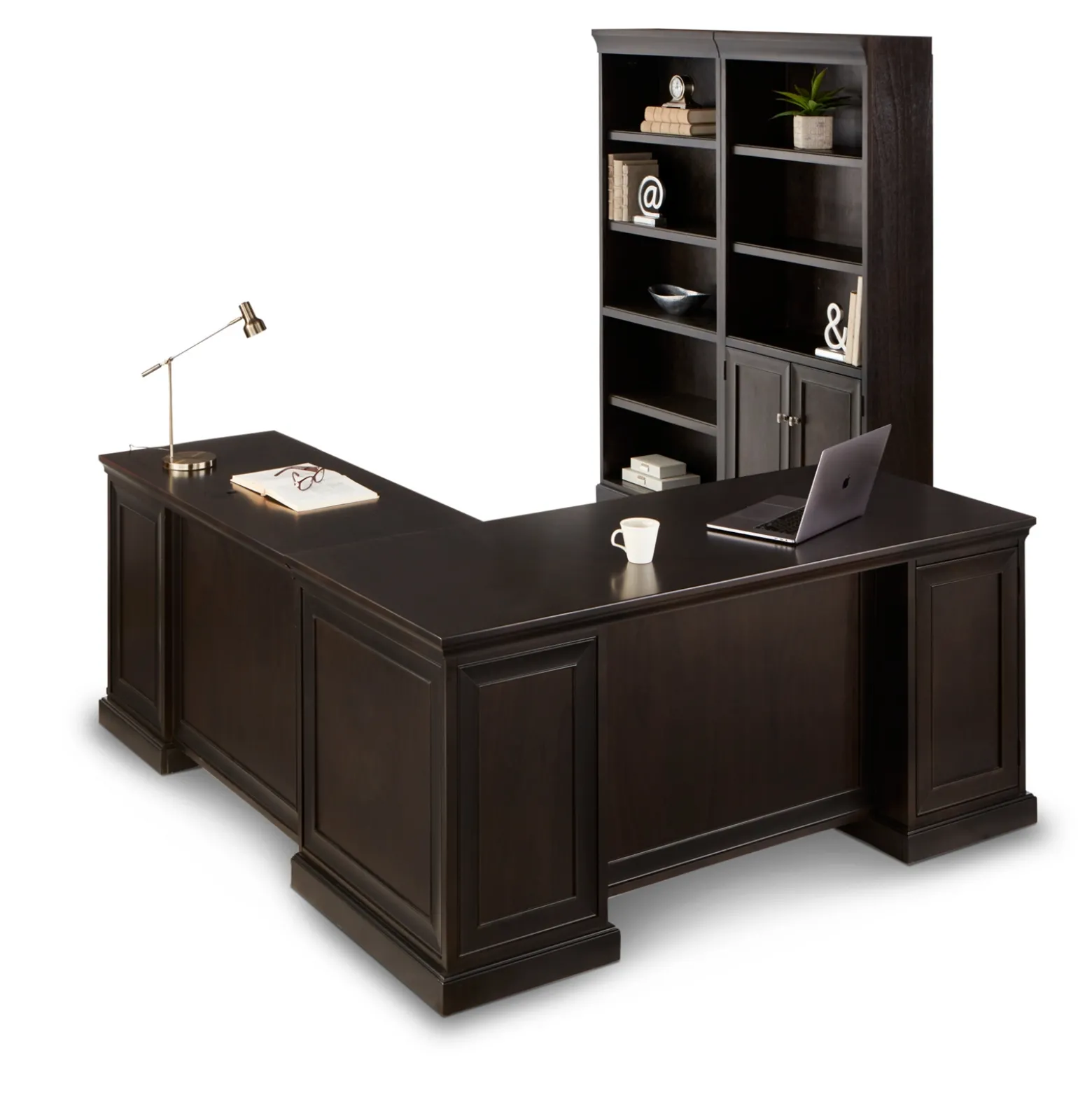 Statesman L-Shaped Executive Desk with Right Return and Bookcase Set