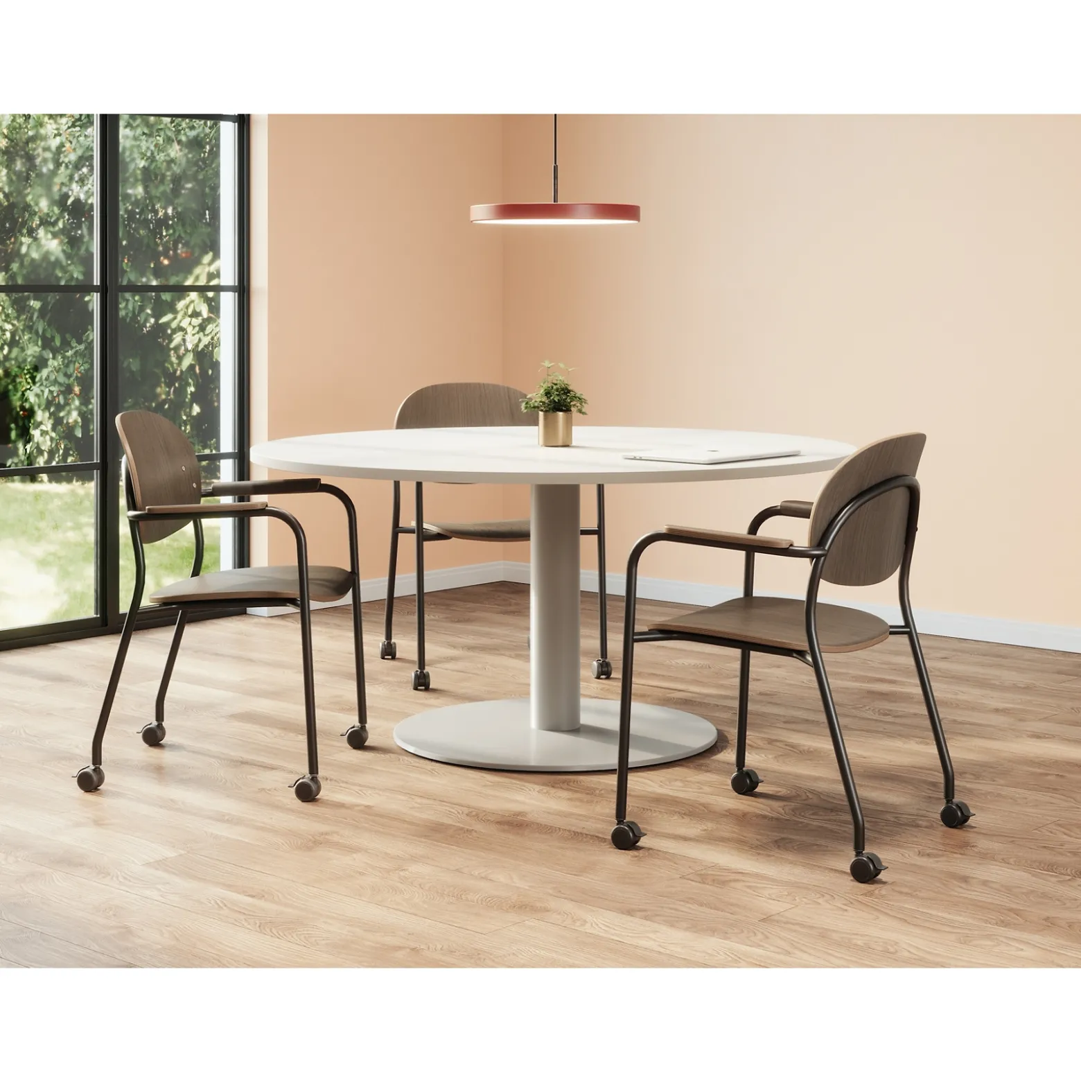 Tioga Guest Chair with Arms and Casters - Laminate Seat and Back