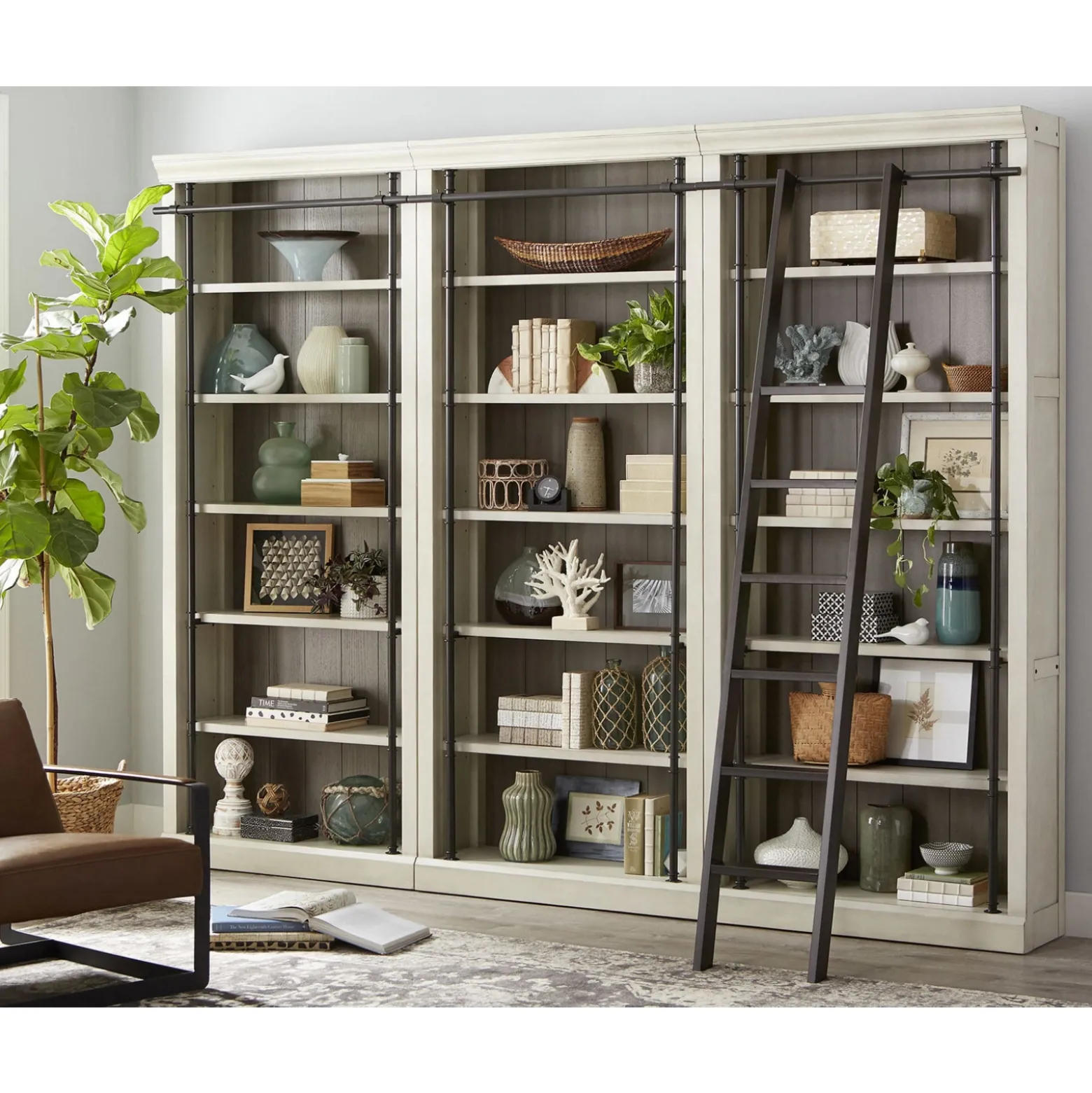 Toulouse 18 Shelf Bookcase Wall with Ladder - 94"H