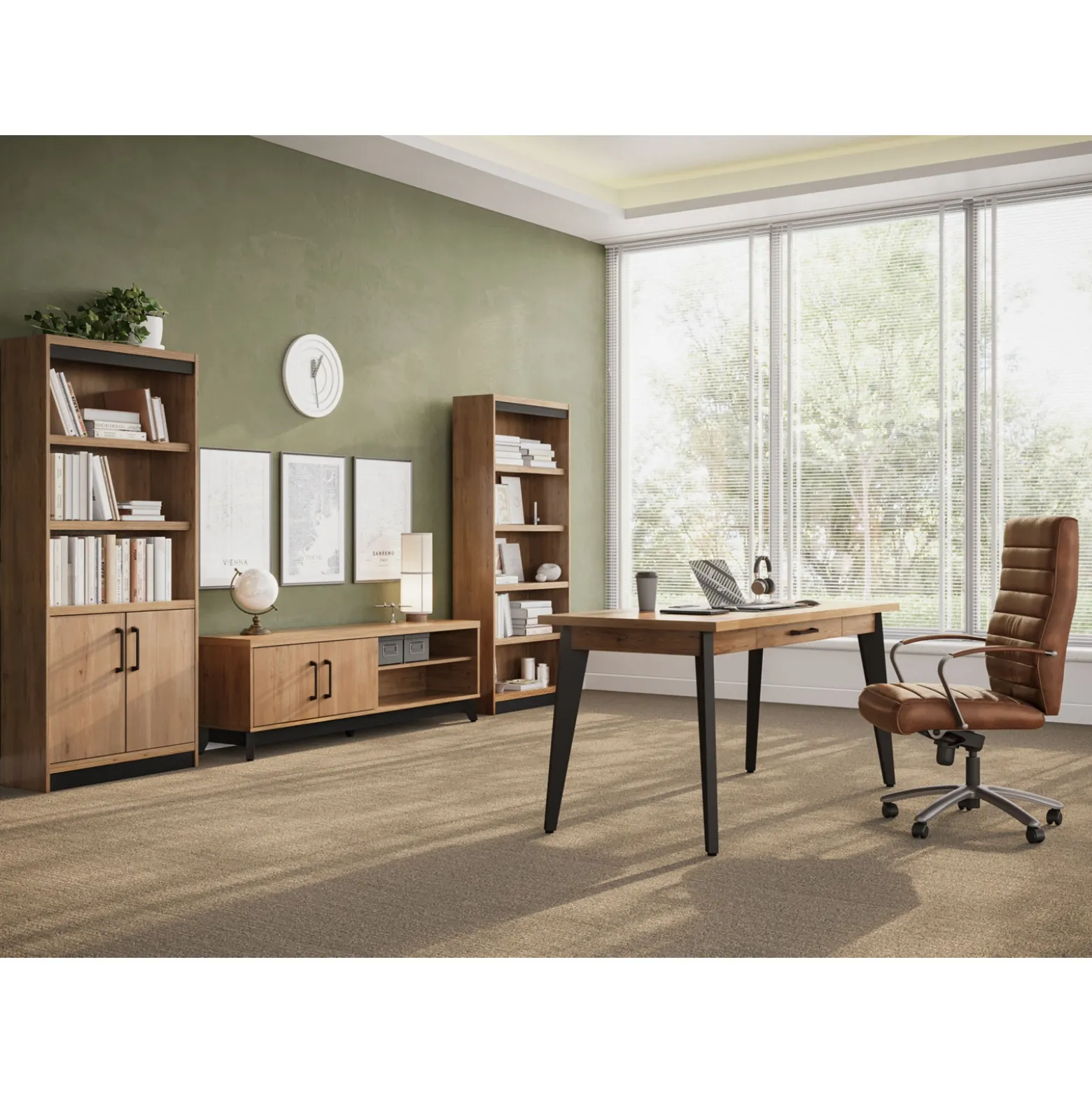 Trenton Writing Desk and Low Credenza w/ Storage Set