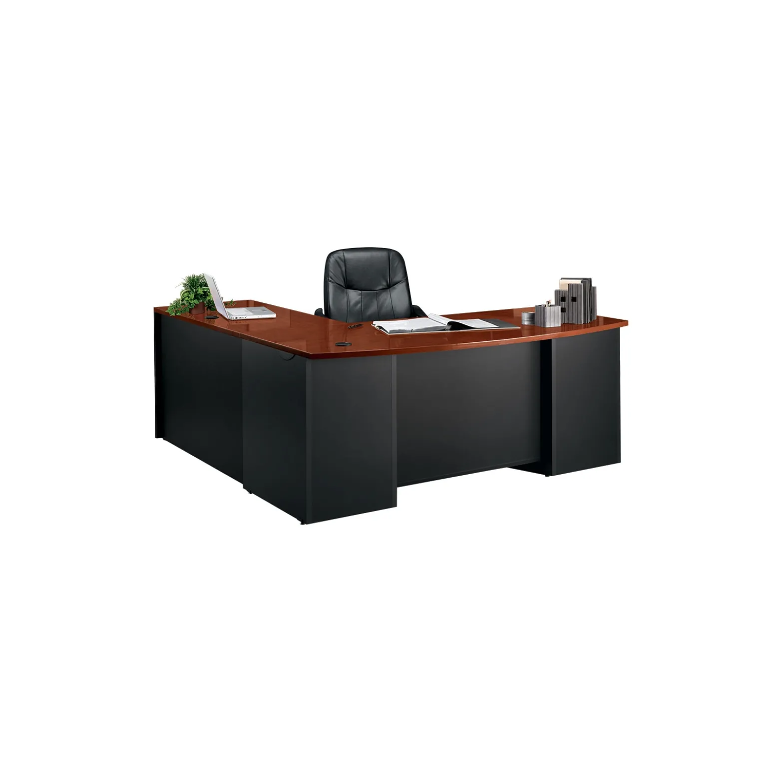 Via Reversible L-Shaped Bowfront Desk Office Suite with Credenza and Storage