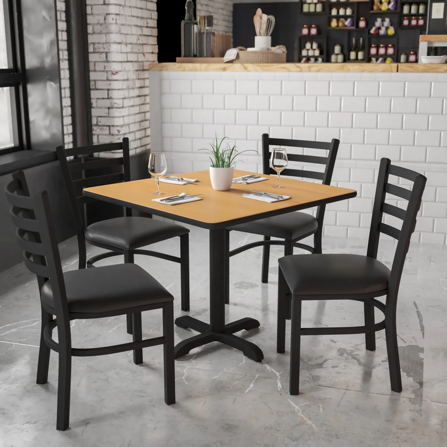 36"W Square X-Base Breakroom Table with Four Chairs